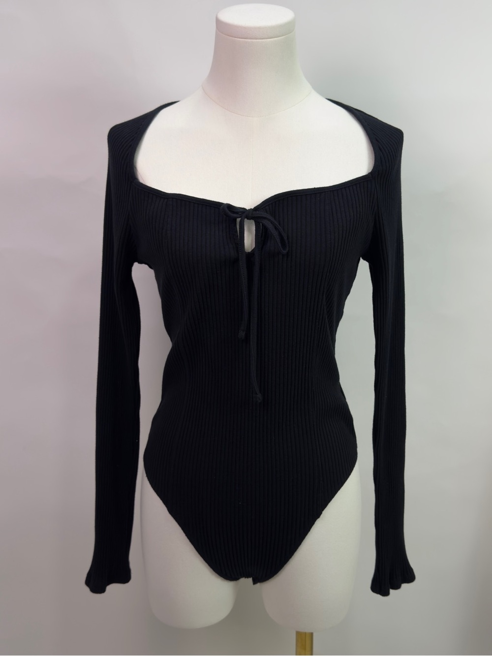 Aerie Black Ribbed Bodysuit | Onesie Tie-Front Long Sleeve Leo | Base Top Size M